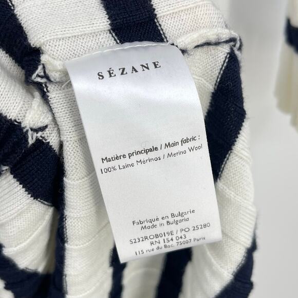 Sezane | Katrina Dress Knit Ribbed Ecru Navy Cream Striped Knit Sweater Dress XL - Picture 11 of 12